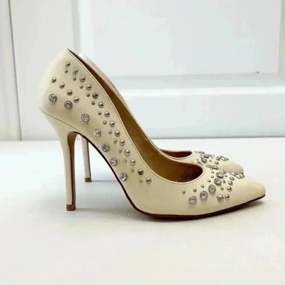 Aldo Cream Leather Pumps Pointed Toe High Heel Rhinestone Studded Stiletto 7.5 - Picture 2 of 16